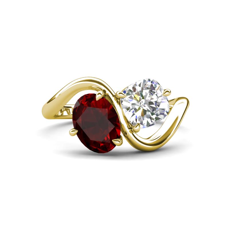 Velona 2.75 ctw Oval Shape Red Garnet (8 x 6 mm) and IGI Certified Cushion Shape Lab Grown Diamond (6 mm) Women Toi Et Moi Wave Engagement Ring 