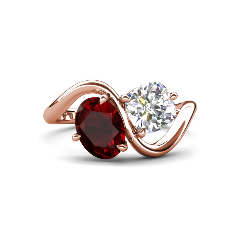 Velona 2.75 ctw Oval Shape Red Garnet (8 x 6 mm) and IGI Certified Cushion Shape Lab Grown Diamond (6 mm) Women Toi Et Moi Wave Engagement Ring 