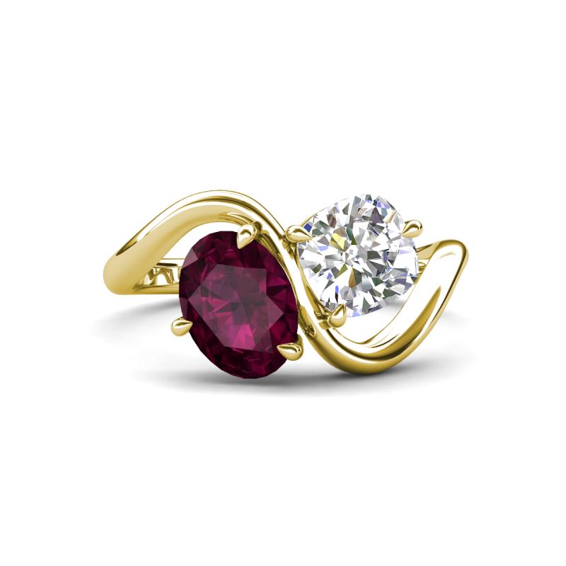 Velona 2.90 ctw Oval Shape Rhodolite Garnet (8 x 6 mm) and IGI Certified Cushion Shape Lab Grown Diamond (6 mm) Women Toi Et Moi Wave Engagement Ring 