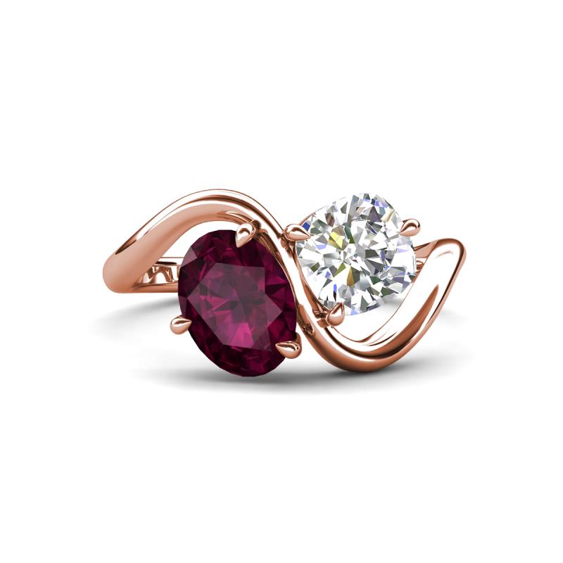 Velona 2.90 ctw Oval Shape Rhodolite Garnet (8 x 6 mm) and IGI Certified Cushion Shape Lab Grown Diamond (6 mm) Women Toi Et Moi Wave Engagement Ring 