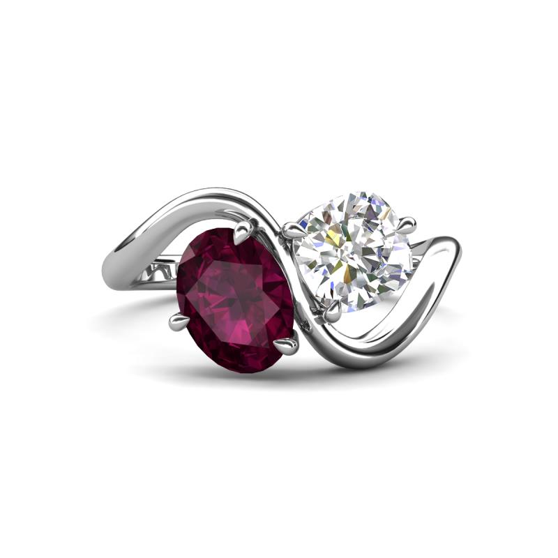 Velona 2.90 ctw Oval Shape Rhodolite Garnet (8 x 6 mm) and IGI Certified Cushion Shape Lab Grown Diamond (6 mm) Women Toi Et Moi Wave Engagement Ring 