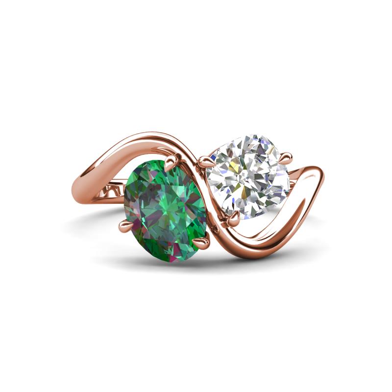 Velona 2.75 ctw Oval Shape Created Alexandrite (8 x 6 mm) and IGI Certified Cushion Shape Lab Grown Diamond (6 mm) Women Toi Et Moi Wave Engagement Ring 