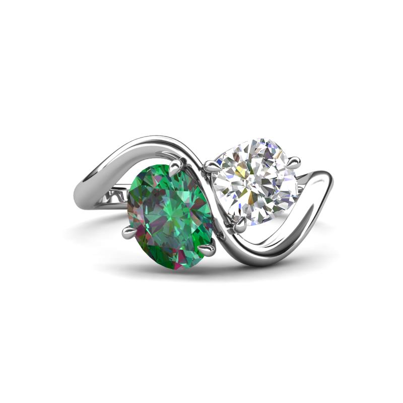 Velona 2.75 ctw Oval Shape Created Alexandrite (8 x 6 mm) and IGI Certified Cushion Shape Lab Grown Diamond (6 mm) Women Toi Et Moi Wave Engagement Ring 