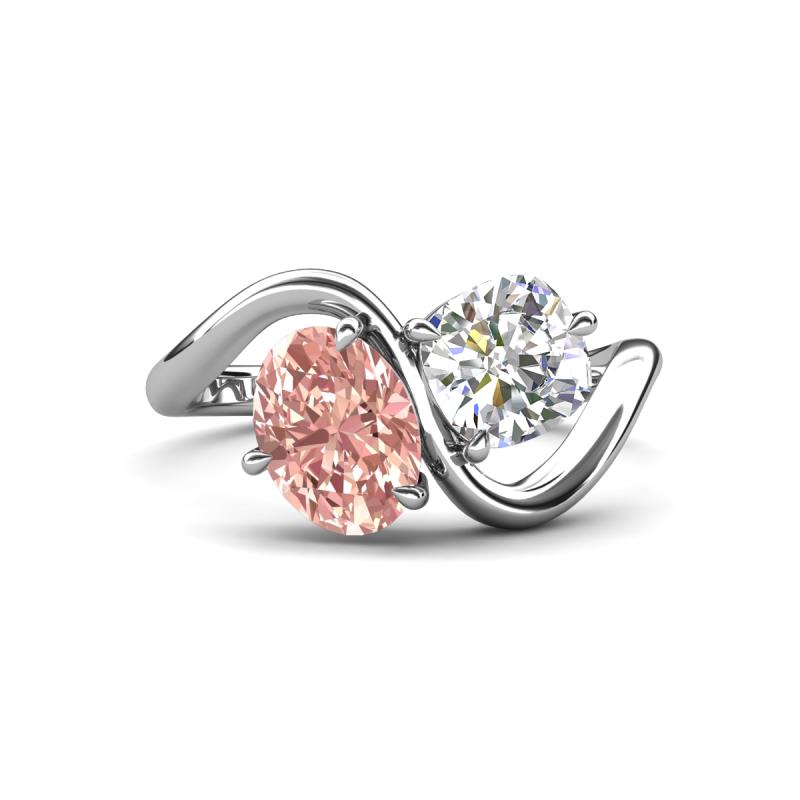 Velona 2.38 ctw Oval Shape Morganite (8 x 6 mm) and IGI Certified Cushion Shape Lab Grown Diamond (6 mm) Women Toi Et Moi Wave Engagement Ring 