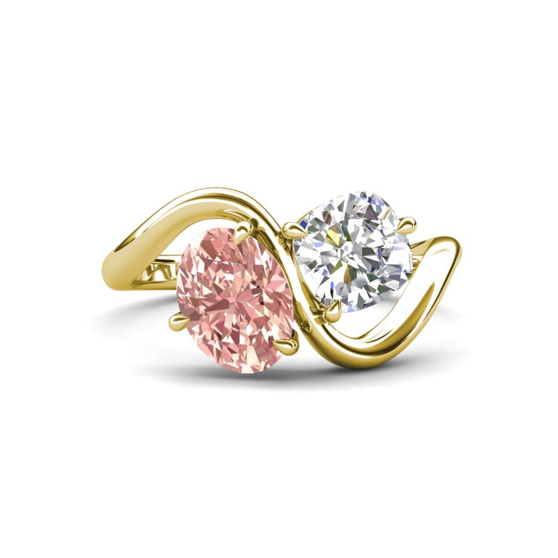 Velona 2.38 ctw Oval Shape Morganite (8 x 6 mm) and IGI Certified Cushion Shape Lab Grown Diamond (6 mm) Women Toi Et Moi Wave Engagement Ring 