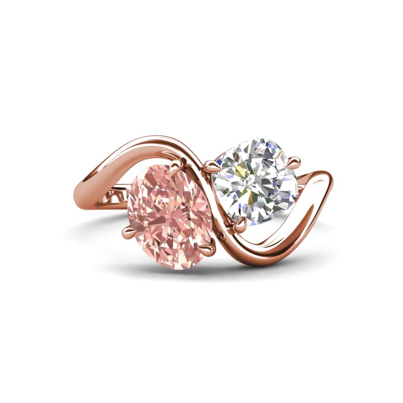 Velona 2.38 ctw Oval Shape Morganite (8 x 6 mm) and IGI Certified Cushion Shape Lab Grown Diamond (6 mm) Women Toi Et Moi Wave Engagement Ring 