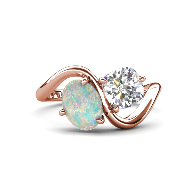Velona 2.02 ctw Oval Shape Opal (8 x 6 mm) and IGI Certified Cushion Shape Lab Grown Diamond (6 mm) Women Toi Et Moi Wave Engagement Ring 