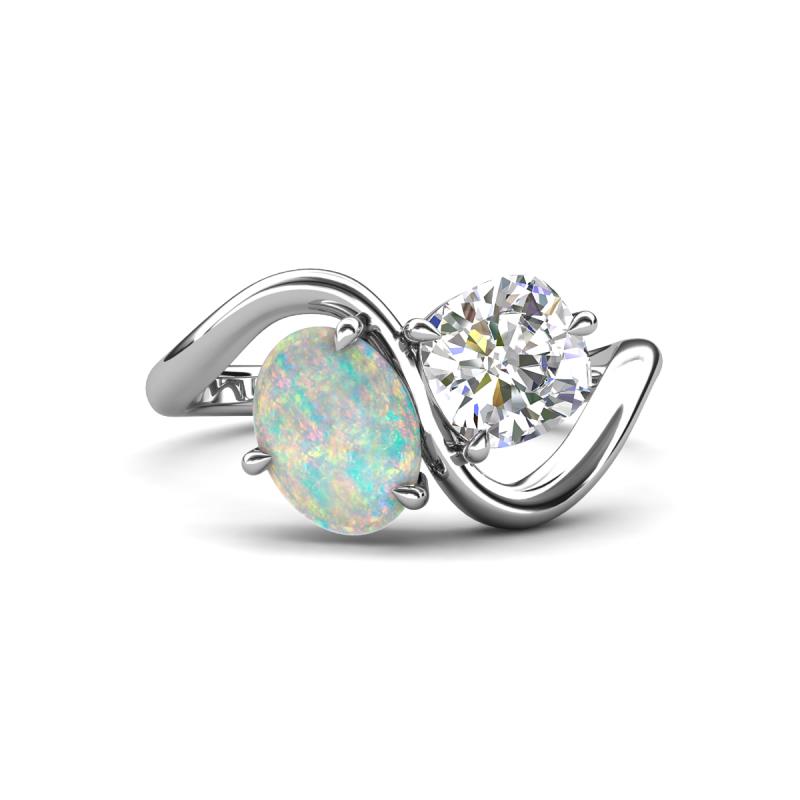 Velona 2.02 ctw Oval Shape Opal (8 x 6 mm) and IGI Certified Cushion Shape Lab Grown Diamond (6 mm) Women Toi Et Moi Wave Engagement Ring 