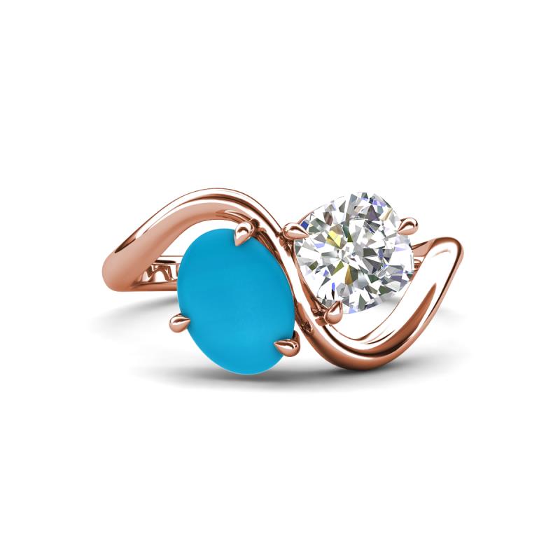 Velona 2.30 ctw Oval Shape Turquoise (8 x 6 mm) and IGI Certified Cushion Shape Lab Grown Diamond (6 mm) Women Toi Et Moi Wave Engagement Ring 
