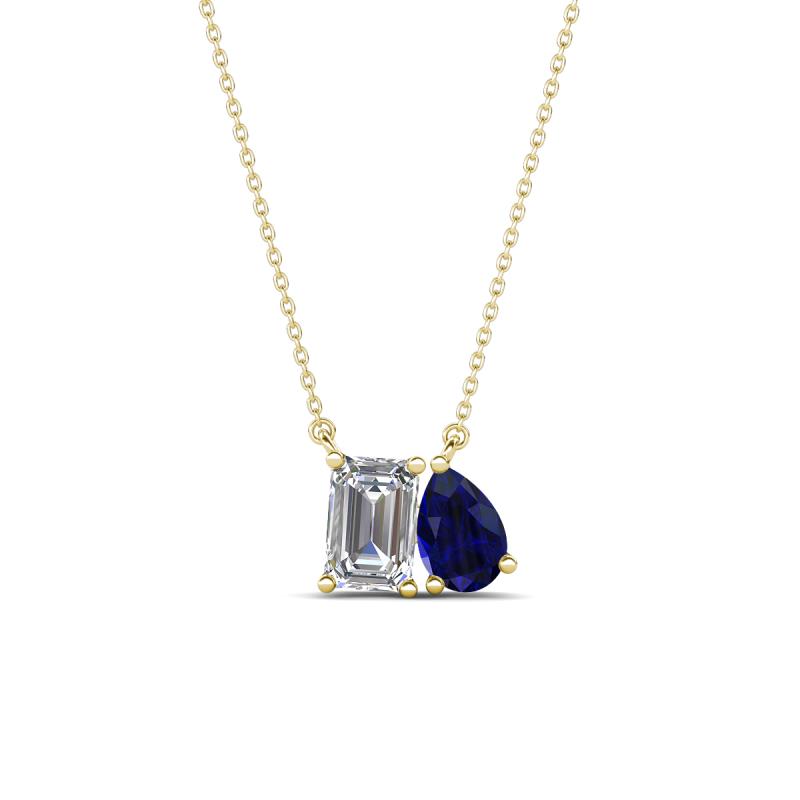 Arika 1.15 ctw Emerald Shape Lab Grown Diamond with Pear Shape Created Blue Sapphire Toi Et Moi Women Pendant Necklace 