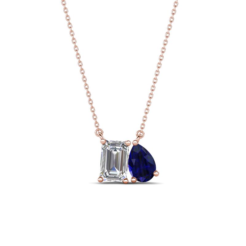 Arika 1.15 ctw Emerald Shape Lab Grown Diamond with Pear Shape Created Blue Sapphire Toi Et Moi Women Pendant Necklace 