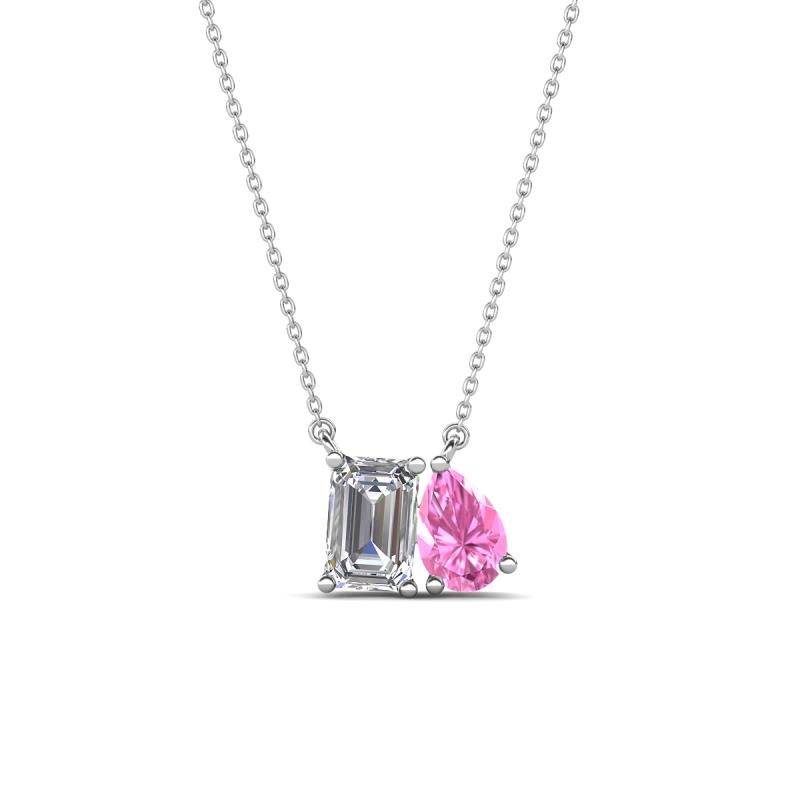 Arika 1.15 ctw Emerald Shape Lab Grown Diamond with Pear Shape Created Pink Sapphire Toi Et Moi Women Pendant Necklace 