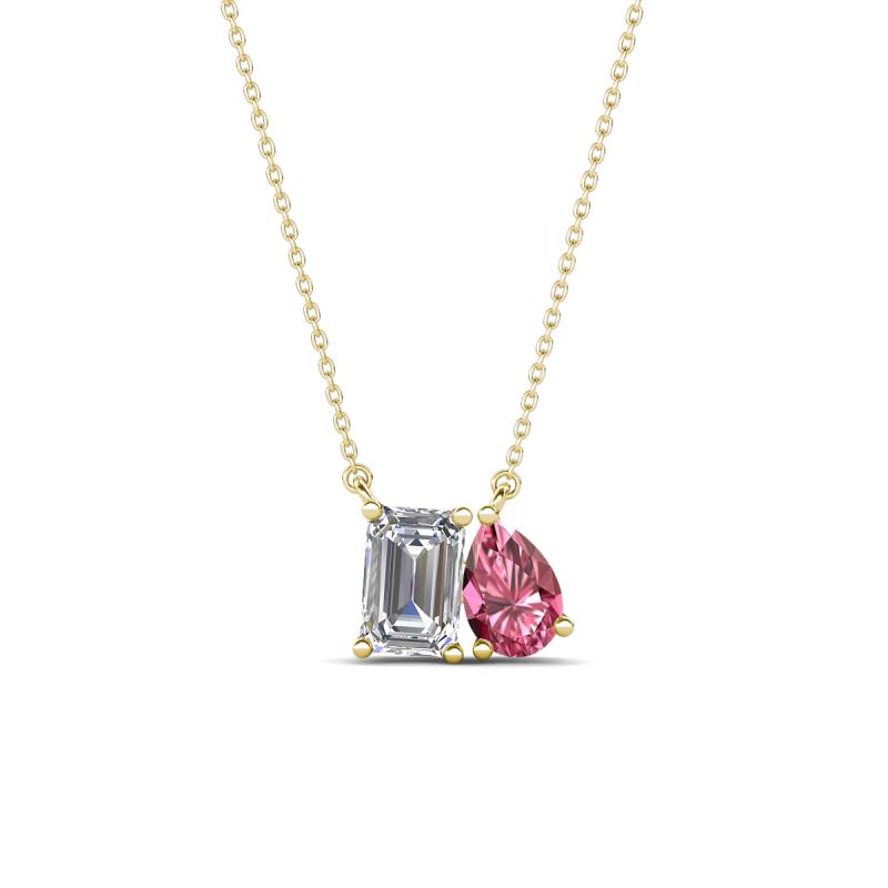 Arika 1.15 ctw Emerald Shape Lab Grown Diamond with Pear Shape Pink Tourmaline Toi Et Moi Women Pendant Necklace 