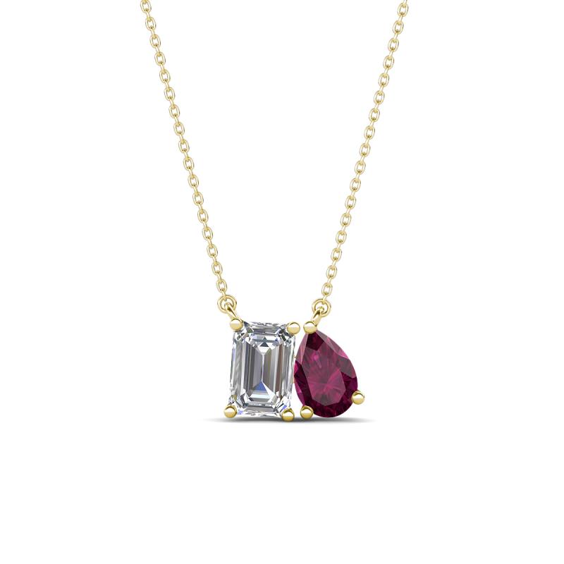 Arika 1.25 ctw Emerald Shape Lab Grown Diamond with Pear Shape Rhodolite Garnet Toi Et Moi Women Pendant Necklace 