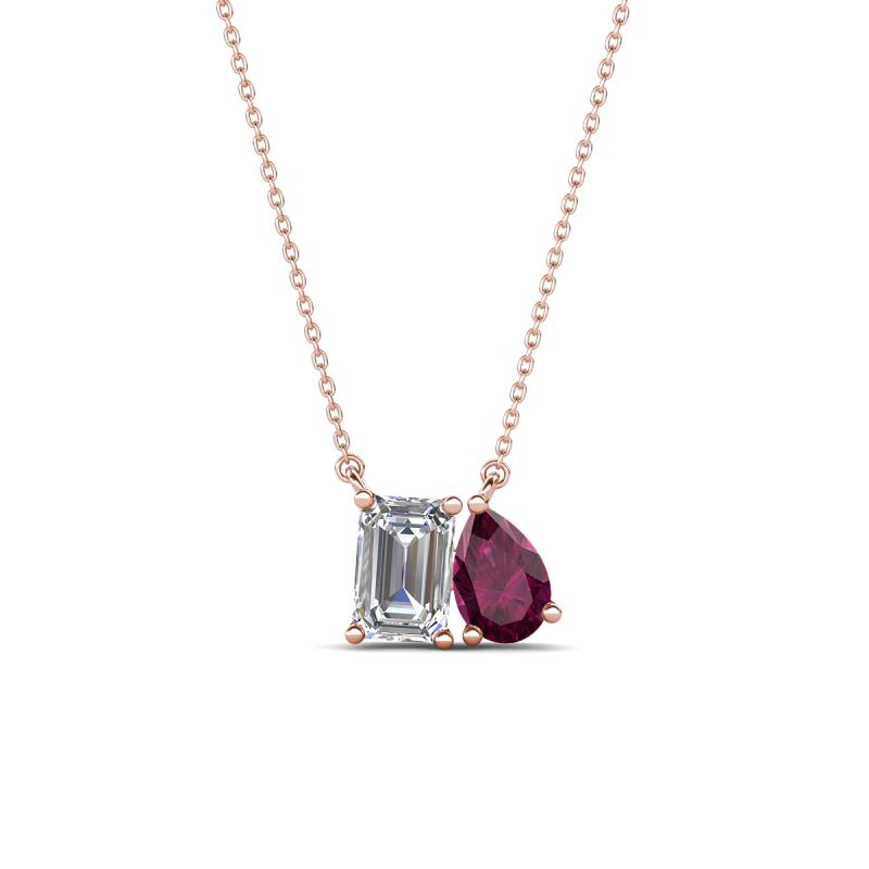 Arika 1.25 ctw Emerald Shape Lab Grown Diamond with Pear Shape Rhodolite Garnet Toi Et Moi Women Pendant Necklace 