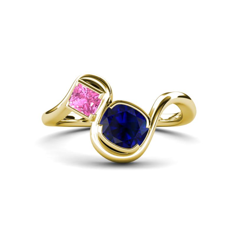 Nerida 1.73 ctw Cushion Shape Created Blue Sapphire & Princess Shape Created Pink Sapphire Women Toi Et Moi Wave Engagement Ring 