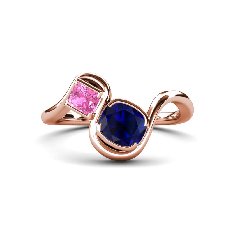 Nerida 1.73 ctw Cushion Shape Created Blue Sapphire & Princess Shape Created Pink Sapphire Women Toi Et Moi Wave Engagement Ring 