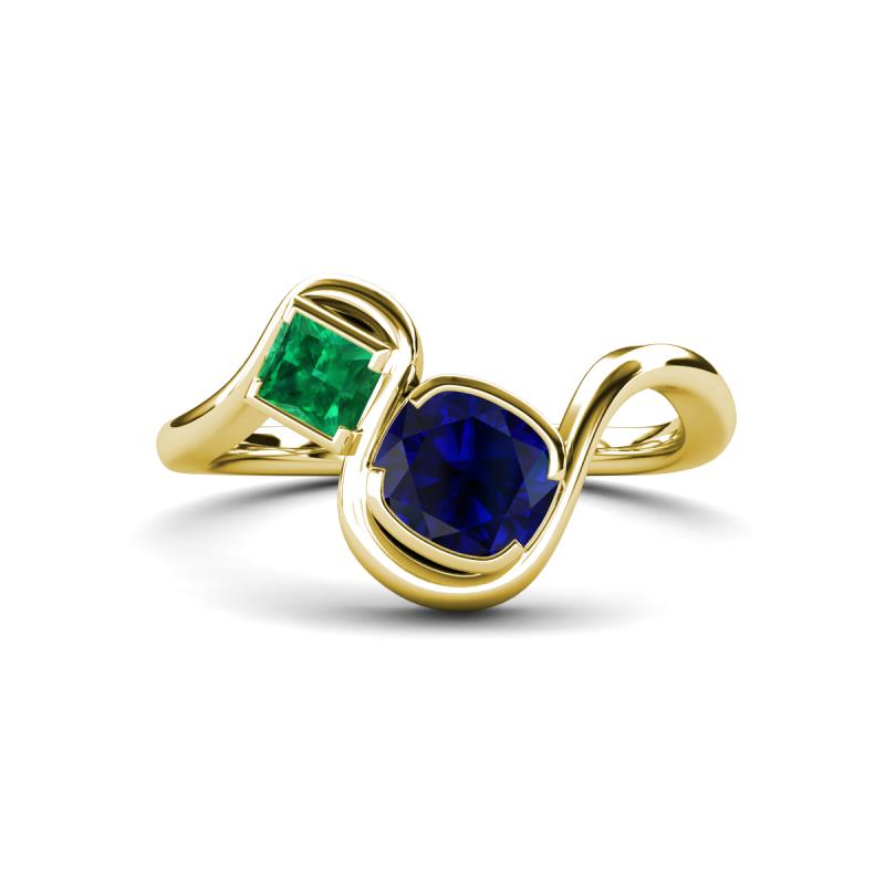 Nerida 1.60 ctw Cushion Shape Created Blue Sapphire & Princess Shape Created Emerald Women Toi Et Moi Wave Engagement Ring 
