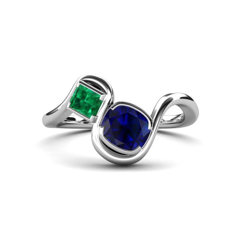 Nerida 1.60 ctw Cushion Shape Created Blue Sapphire & Princess Shape Created Emerald Women Toi Et Moi Wave Engagement Ring 