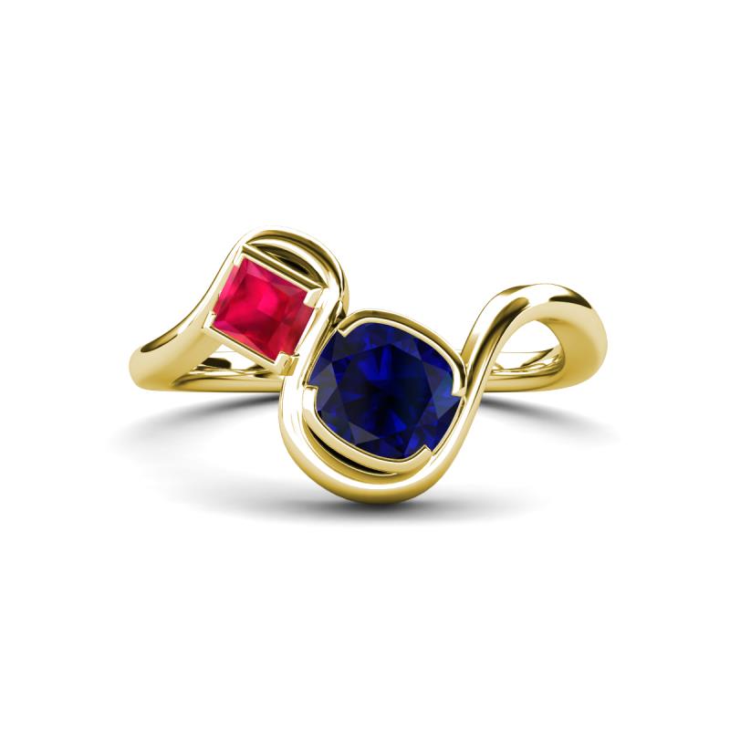Nerida 1.60 ctw Cushion Shape Created Blue Sapphire & Princess Shape Created Ruby Women Toi Et Moi Wave Engagement Ring 