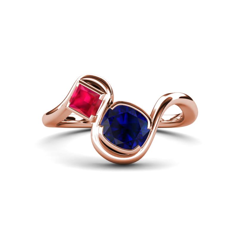 Nerida 1.60 ctw Cushion Shape Created Blue Sapphire & Princess Shape Created Ruby Women Toi Et Moi Wave Engagement Ring 