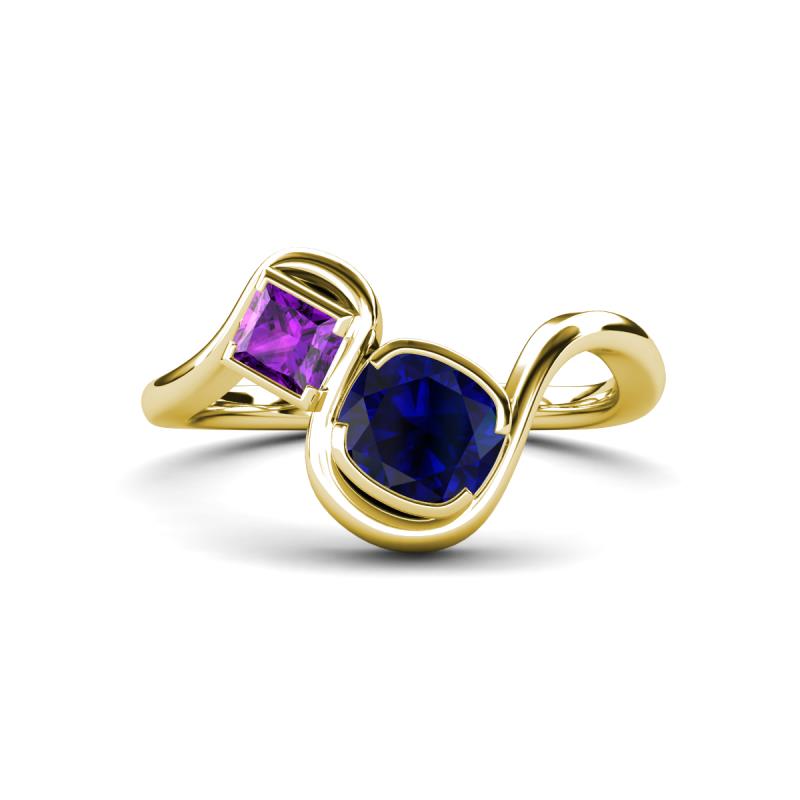 Nerida 1.60 ctw Cushion Shape Created Blue Sapphire & Princess Shape Amethyst Women Toi Et Moi Wave Engagement Ring 