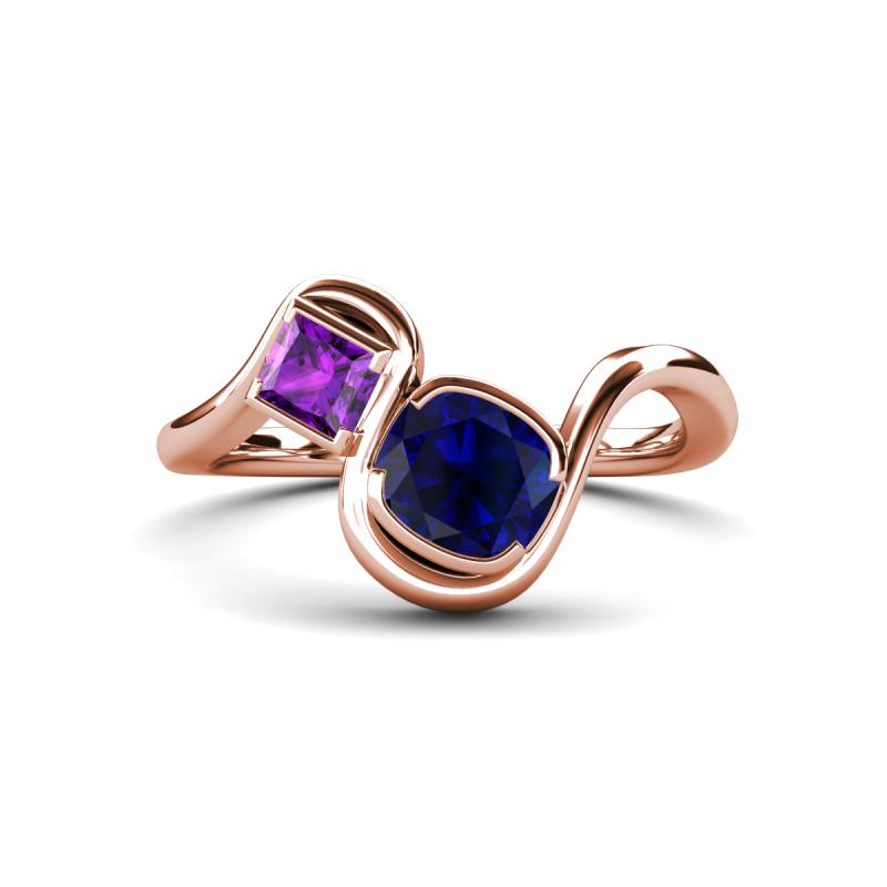 Nerida 1.60 ctw Cushion Shape Created Blue Sapphire & Princess Shape Amethyst Women Toi Et Moi Wave Engagement Ring 