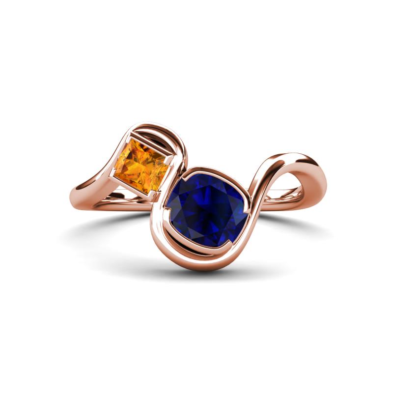 Nerida 1.60 ctw Cushion Shape Created Blue Sapphire & Princess Shape Citrine Women Toi Et Moi Wave Engagement Ring 