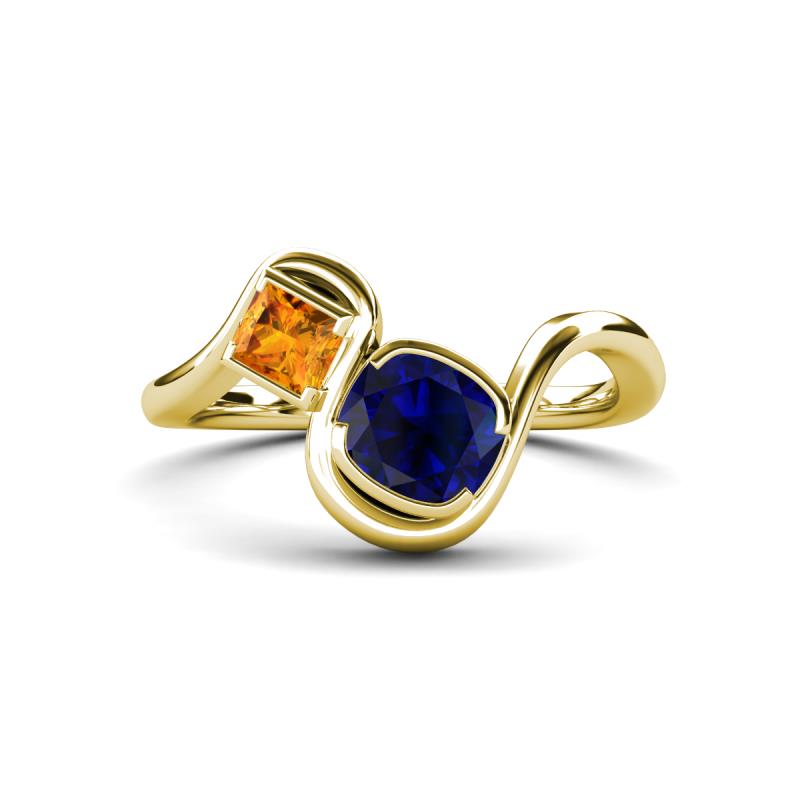 Nerida 1.60 ctw Cushion Shape Created Blue Sapphire & Princess Shape Citrine Women Toi Et Moi Wave Engagement Ring 
