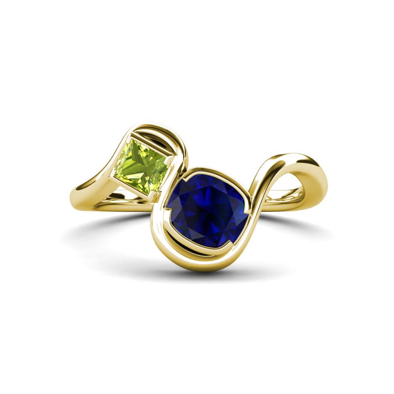 Nerida 1.63 ctw Cushion Shape Created Blue Sapphire & Princess Shape Peridot Women Toi Et Moi Wave Engagement Ring 