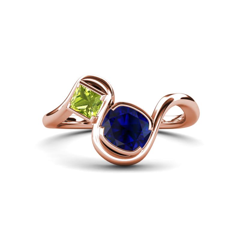Nerida 1.63 ctw Cushion Shape Created Blue Sapphire & Princess Shape Peridot Women Toi Et Moi Wave Engagement Ring 