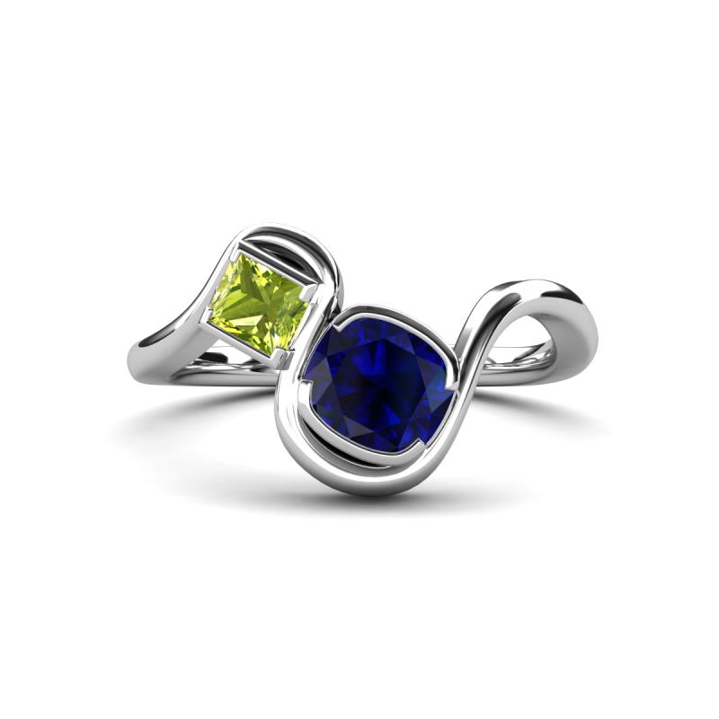 Nerida 1.63 ctw Cushion Shape Created Blue Sapphire & Princess Shape Peridot Women Toi Et Moi Wave Engagement Ring 