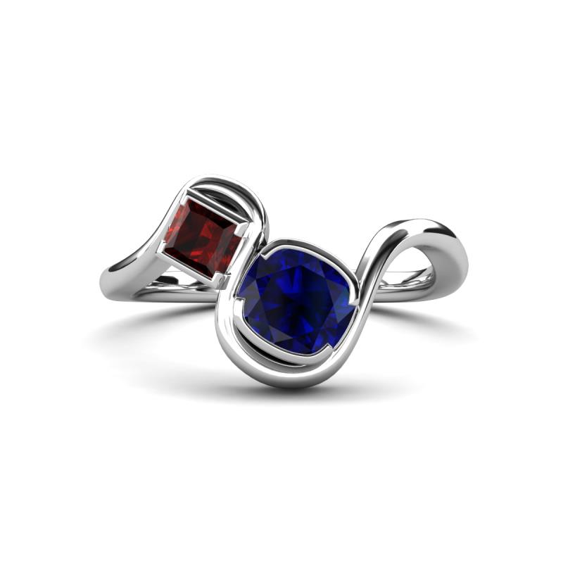 Nerida 1.63 ctw Cushion Shape Created Blue Sapphire & Princess Shape Red Garnet Women Toi Et Moi Wave Engagement Ring 