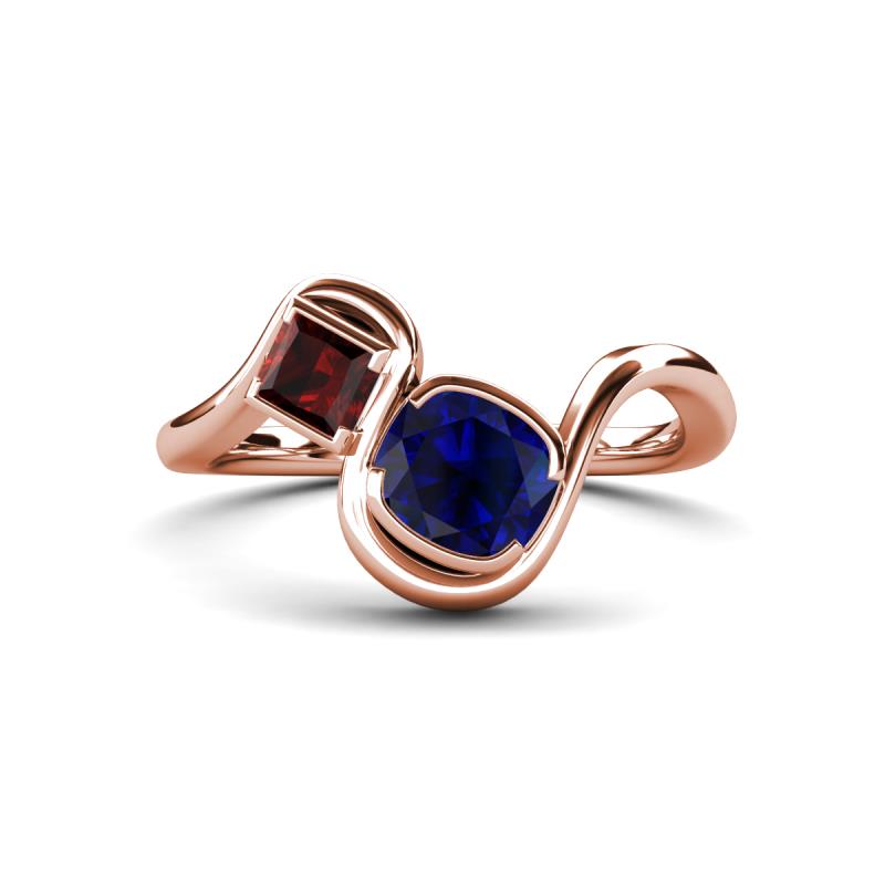 Nerida 1.63 ctw Cushion Shape Created Blue Sapphire & Princess Shape Red Garnet Women Toi Et Moi Wave Engagement Ring 