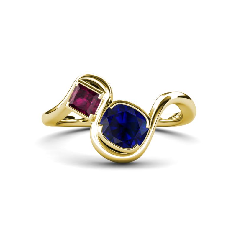 Nerida 1.63 ctw Cushion Shape Created Blue Sapphire & Princess Shape Rhodolite Garnet Women Toi Et Moi Wave Engagement Ring 