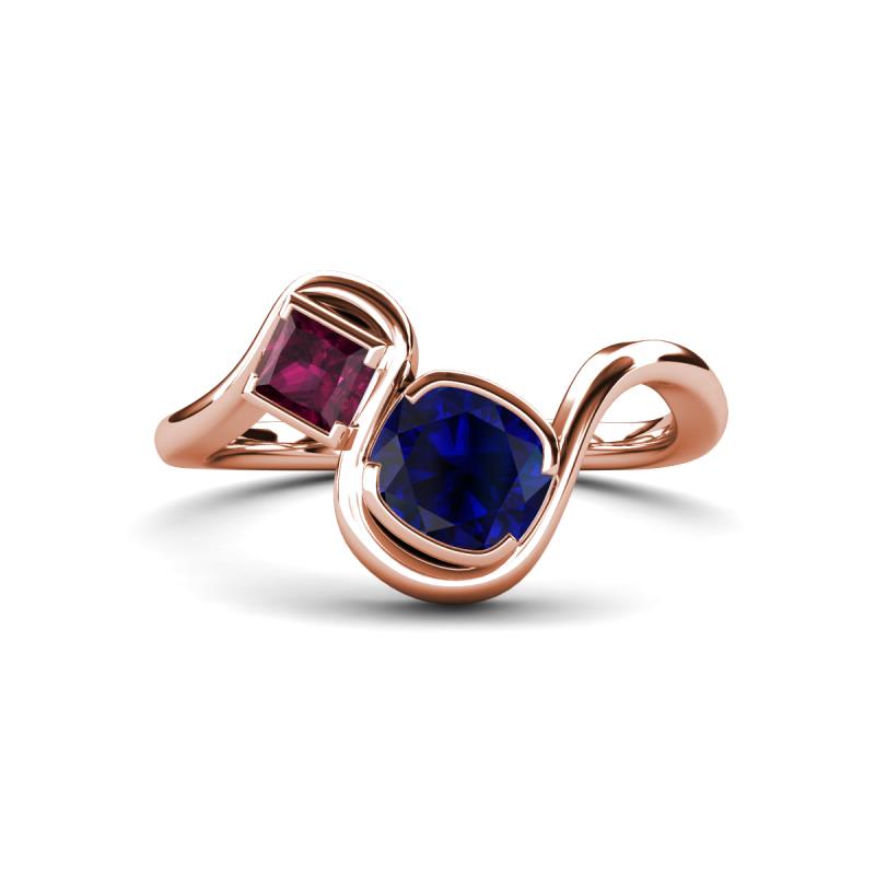Nerida 1.63 ctw Cushion Shape Created Blue Sapphire & Princess Shape Rhodolite Garnet Women Toi Et Moi Wave Engagement Ring 