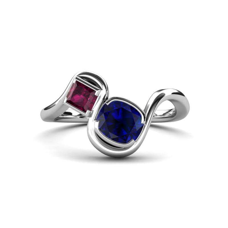 Nerida 1.63 ctw Cushion Shape Created Blue Sapphire & Princess Shape Rhodolite Garnet Women Toi Et Moi Wave Engagement Ring 