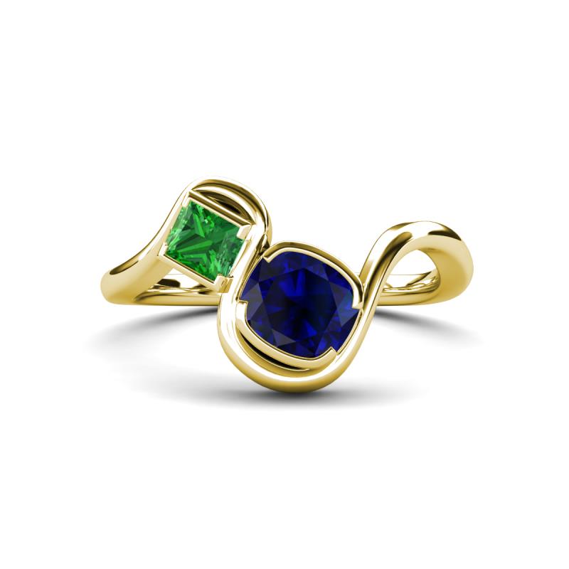 Nerida 1.60 ctw Cushion Shape Created Blue Sapphire & Princess Shape Green Garnet Women Toi Et Moi Wave Engagement Ring 