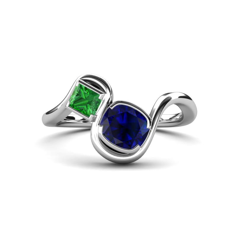 Nerida 1.60 ctw Cushion Shape Created Blue Sapphire & Princess Shape Green Garnet Women Toi Et Moi Wave Engagement Ring 