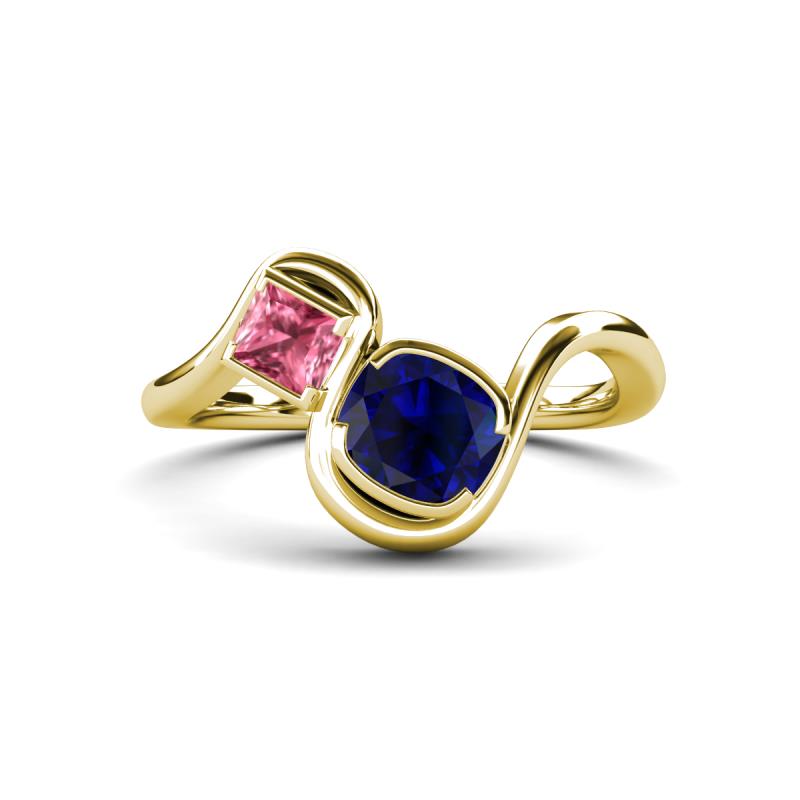 Nerida 1.60 ctw Cushion Shape Created Blue Sapphire & Princess Shape Pink Tourmaline Women Toi Et Moi Wave Engagement Ring 