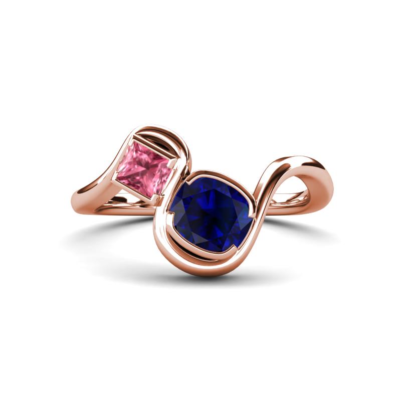 Nerida 1.60 ctw Cushion Shape Created Blue Sapphire & Princess Shape Pink Tourmaline Women Toi Et Moi Wave Engagement Ring 