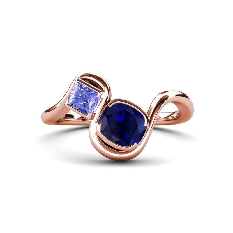 Nerida 1.63 ctw Cushion Shape Created Blue Sapphire & Princess Shape Tanzanite Women Toi Et Moi Wave Engagement Ring 