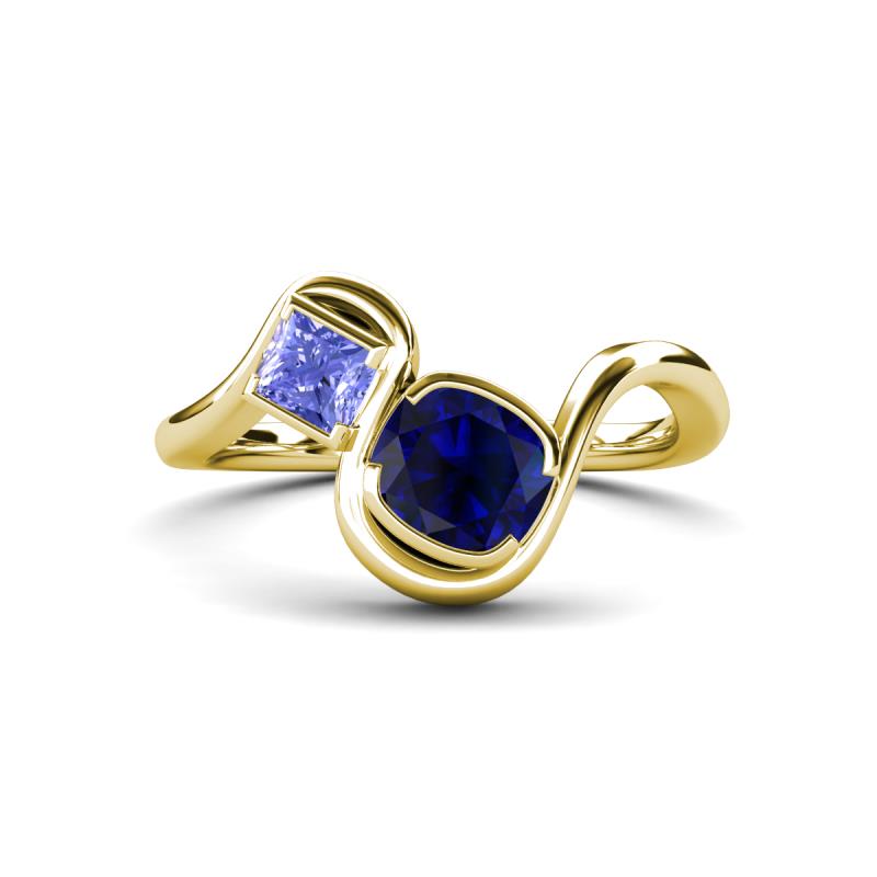 Nerida 1.63 ctw Cushion Shape Created Blue Sapphire & Princess Shape Tanzanite Women Toi Et Moi Wave Engagement Ring 