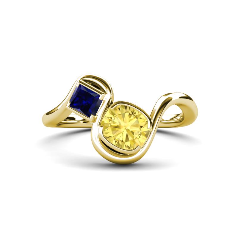 Nerida 1.60 ctw Cushion Shape Created Yellow Sapphire (6.00 mm) and Princess Shape Created Blue Sapphire Women Toi Et Moi Wave Engagement Ring 