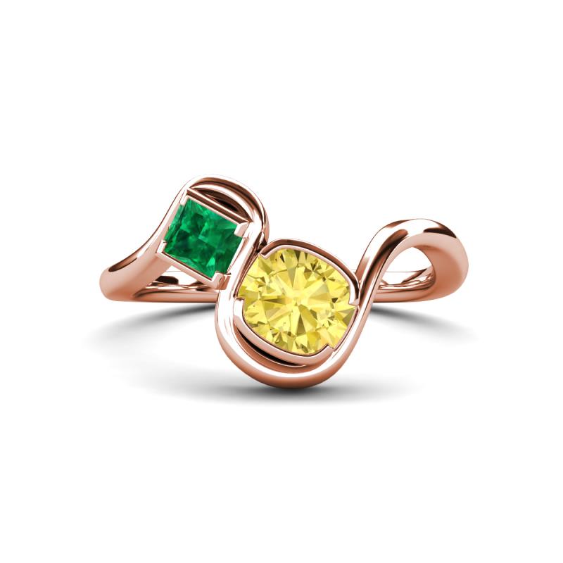 Nerida 1.60 ctw Cushion Shape Created Yellow Sapphire (6.00 mm) and Princess Shape Created Emerald Women Toi Et Moi Wave Engagement Ring 