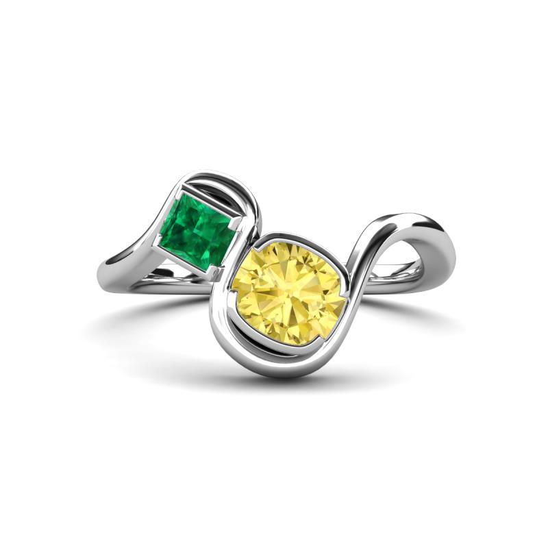 Nerida 1.60 ctw Cushion Shape Created Yellow Sapphire (6.00 mm) and Princess Shape Created Emerald Women Toi Et Moi Wave Engagement Ring 
