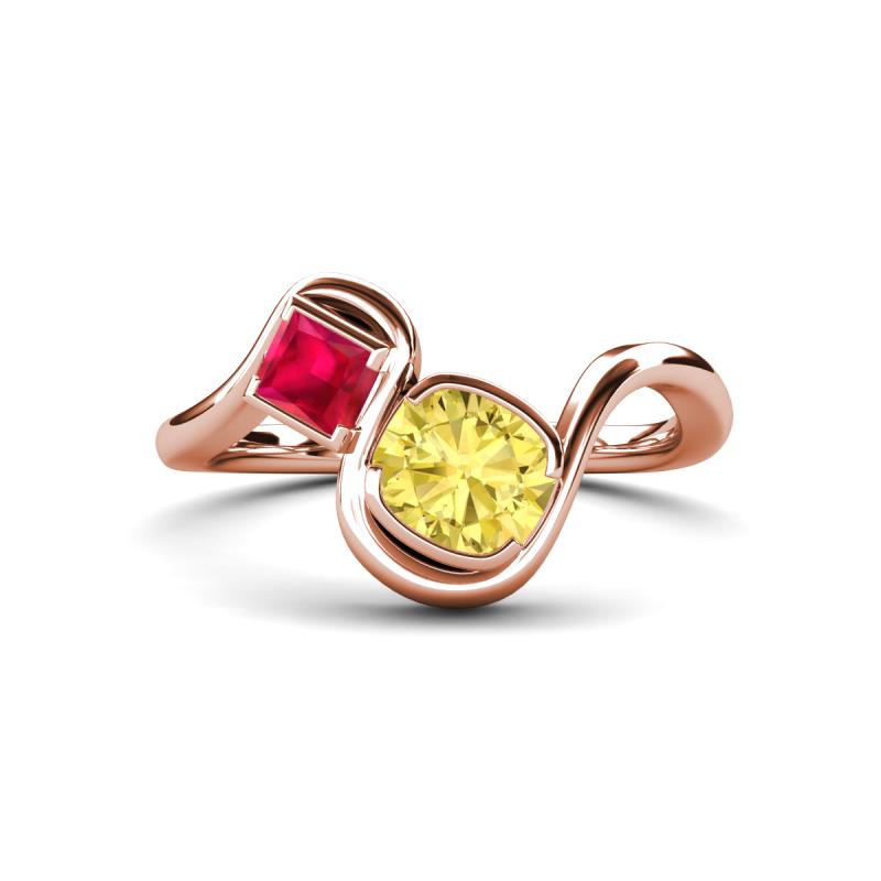 Nerida 1.60 ctw Cushion Shape Created Yellow Sapphire (6.00 mm) and Princess Shape Created Ruby Women Toi Et Moi Wave Engagement Ring 
