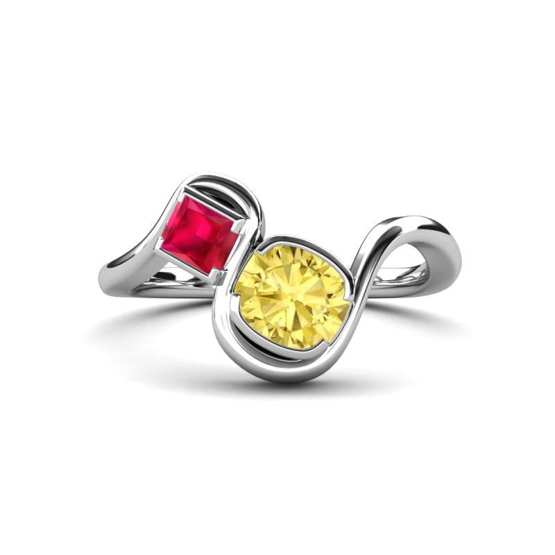 Nerida 1.60 ctw Cushion Shape Created Yellow Sapphire (6.00 mm) and Princess Shape Created Ruby Women Toi Et Moi Wave Engagement Ring 