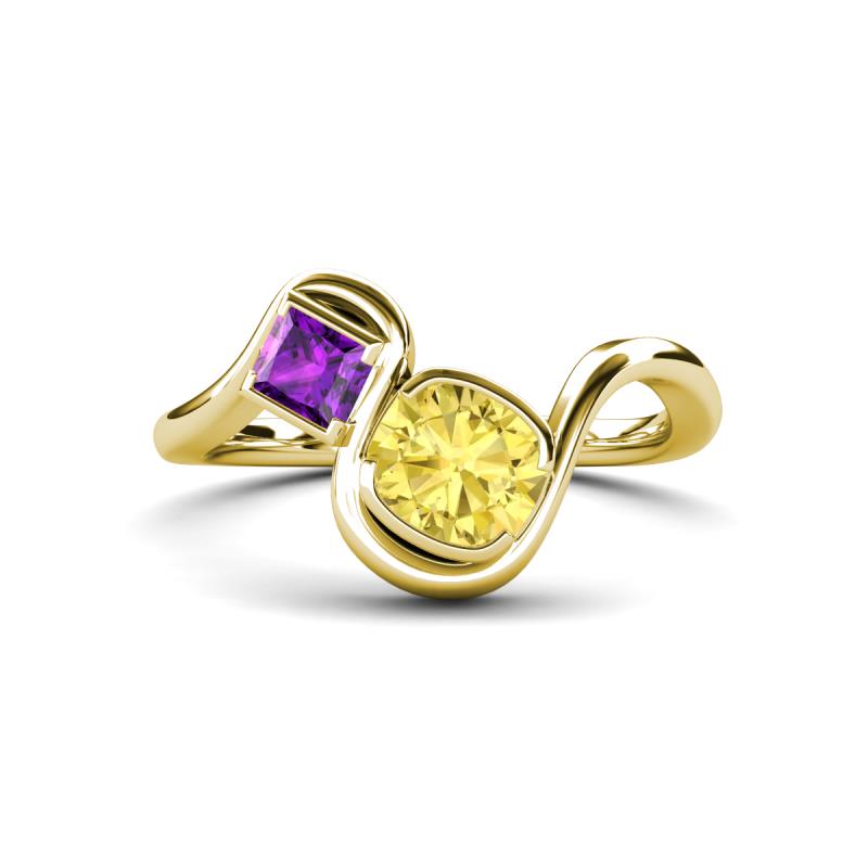 Nerida 1.60 ctw Cushion Shape Created Yellow Sapphire (6.00 mm) and Princess Shape Amethyst Women Toi Et Moi Wave Engagement Ring 