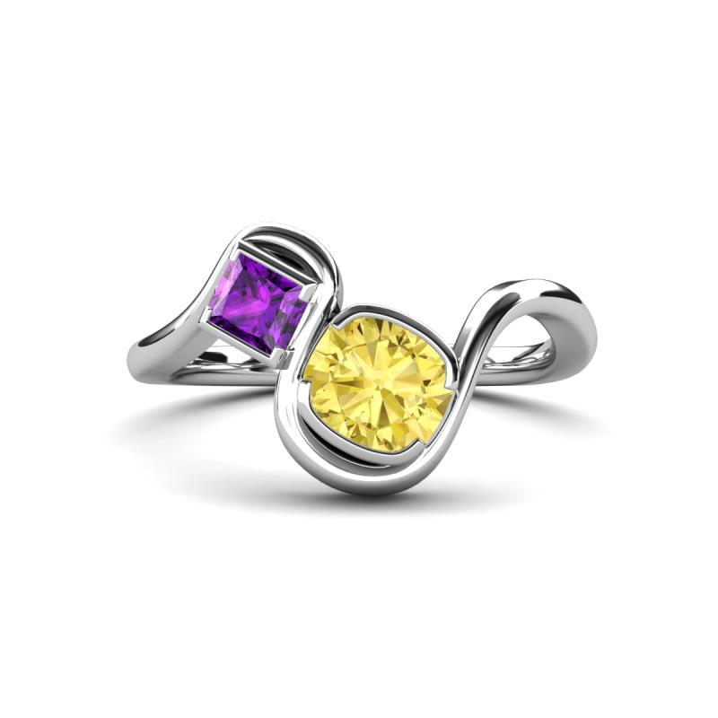 Nerida 1.60 ctw Cushion Shape Created Yellow Sapphire (6.00 mm) and Princess Shape Amethyst Women Toi Et Moi Wave Engagement Ring 